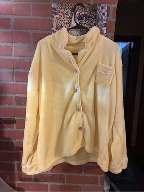 Plush Yellow Button-Front Pajama Top with Hood